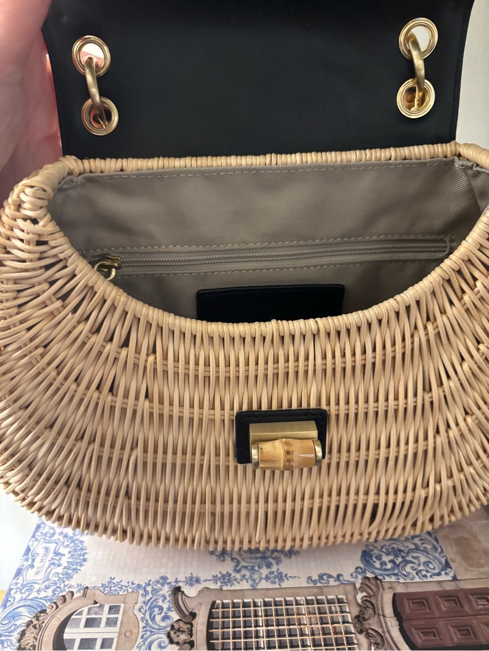 Talbots Rattan Wicker & Leather Black and Natural Bamboo Top-Handle Women’s Bag - Picture 10 of 16